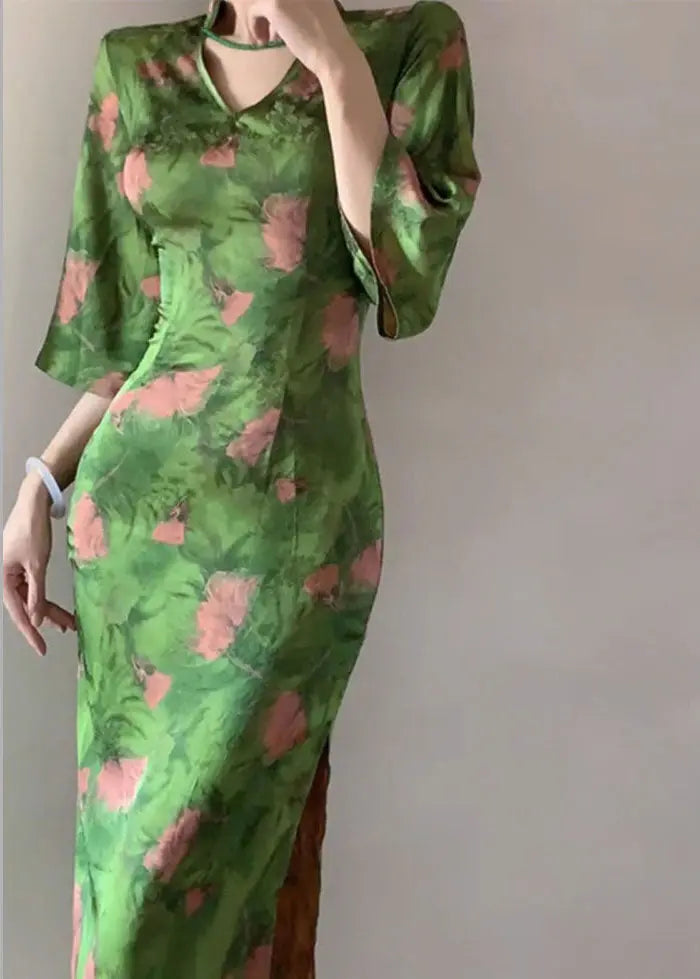 Fitted Green V Neck Print Side Open Silk Maxi Dress Bracelet Sleeve Ada Fashion