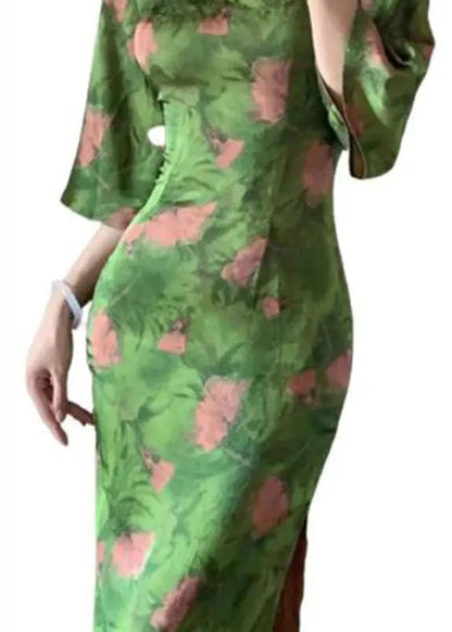 Fitted Green V Neck Print Side Open Silk Maxi Dress Bracelet Sleeve Ada Fashion