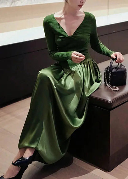 Fitted Green V Neck Wrinkled Knit Patchwork Silk Long Dresses Fall Ada Fashion