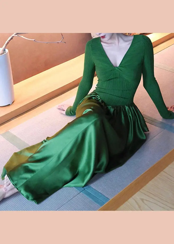 Fitted Green V Neck Wrinkled Knit Patchwork Silk Long Dresses Fall Ada Fashion