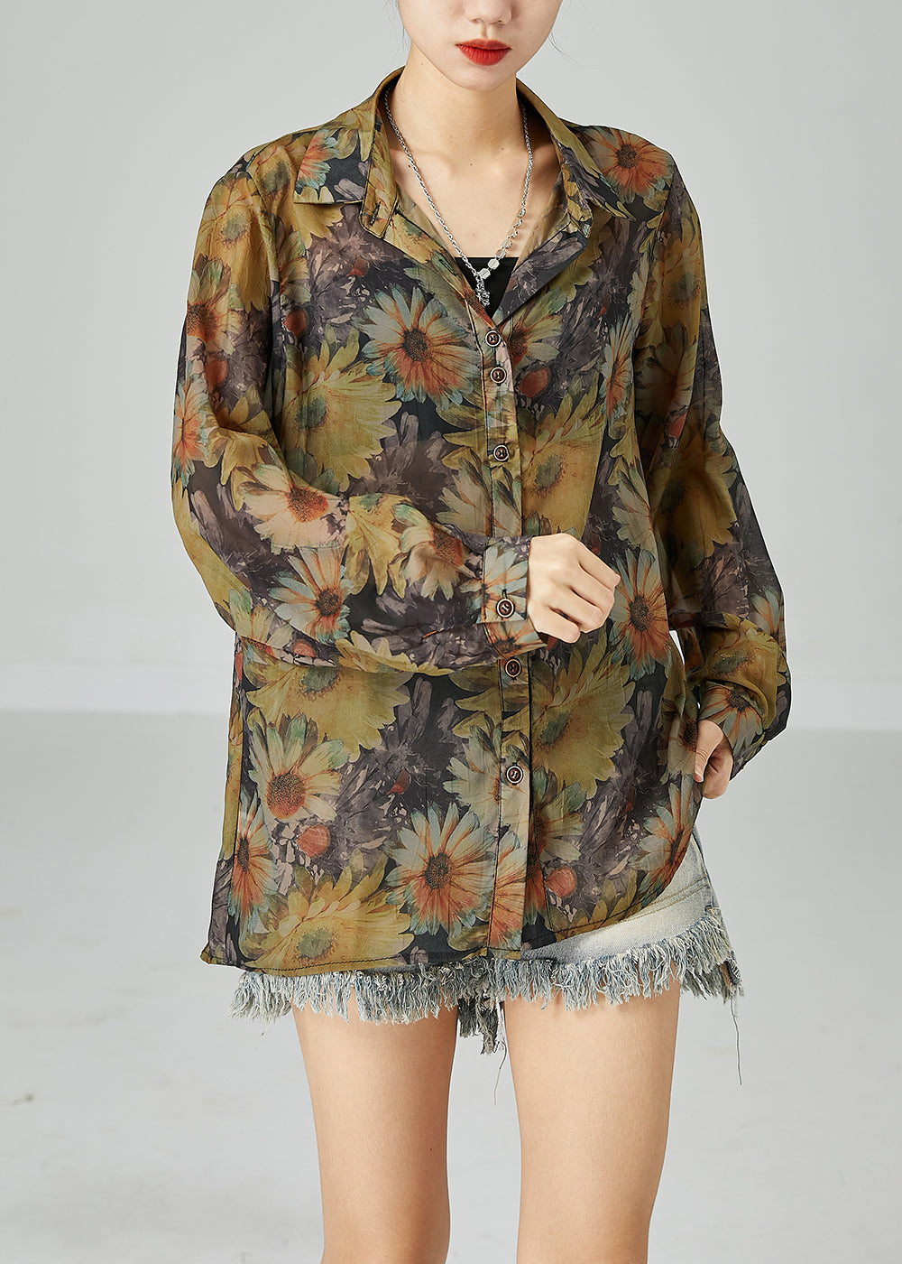 Fitted Khaki Oversized Sunflower Print Cotton Shirt Top Spring LY2443
