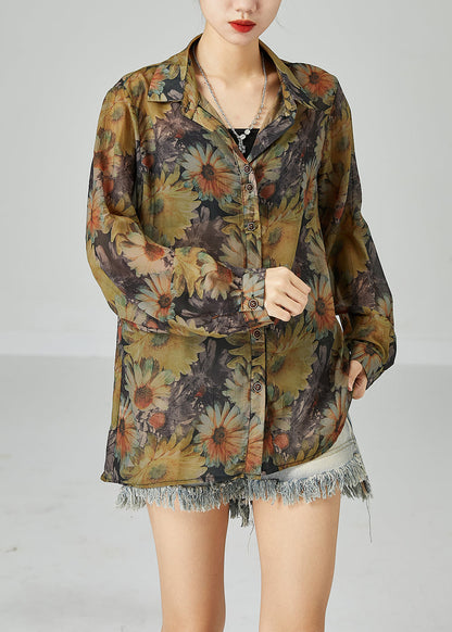 Fitted Khaki Oversized Sunflower Print Cotton Shirt Top Spring LY2443 - fabuloryshop