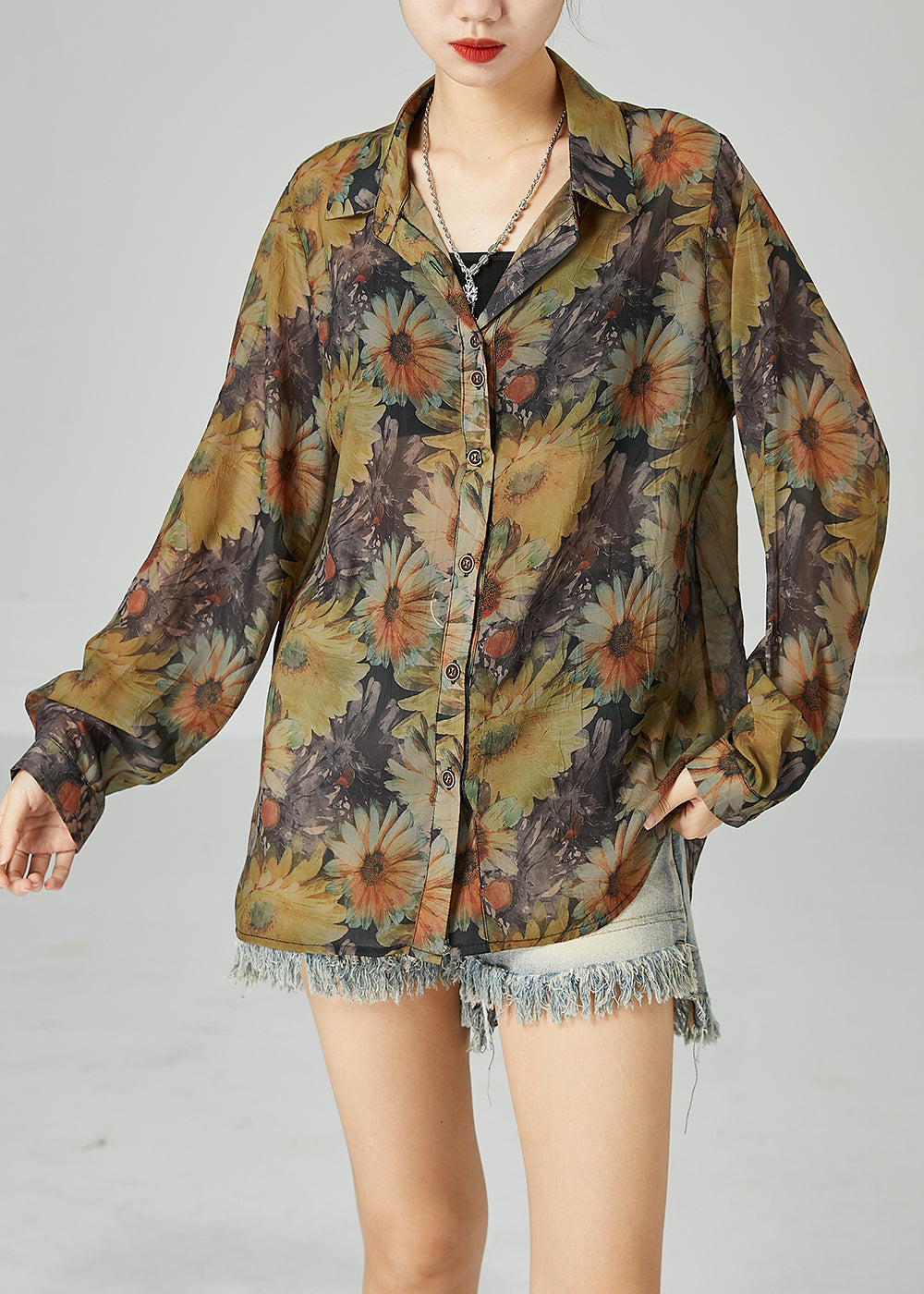 Fitted Khaki Oversized Sunflower Print Cotton Shirt Top Spring LY2443