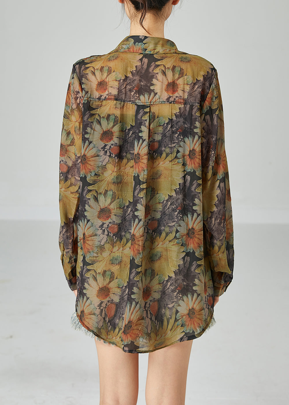 Fitted Khaki Oversized Sunflower Print Cotton Shirt Top Spring LY2443 - fabuloryshop