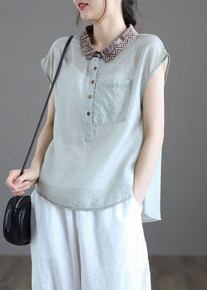 Fitted Light Blue Peter Pan Collar Pockets Patchwork Linen Blouse Tops Summer LY6253 - fabuloryshop