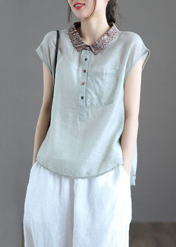 Fitted Light Blue Peter Pan Collar Pockets Patchwork Linen Blouse Tops Summer LY6253 - fabuloryshop