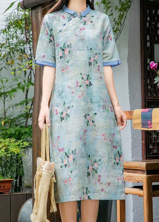 Fitted Light Green Peter Pan Collar Print Patchwork Linen Dress Summer LY2547 - fabuloryshop