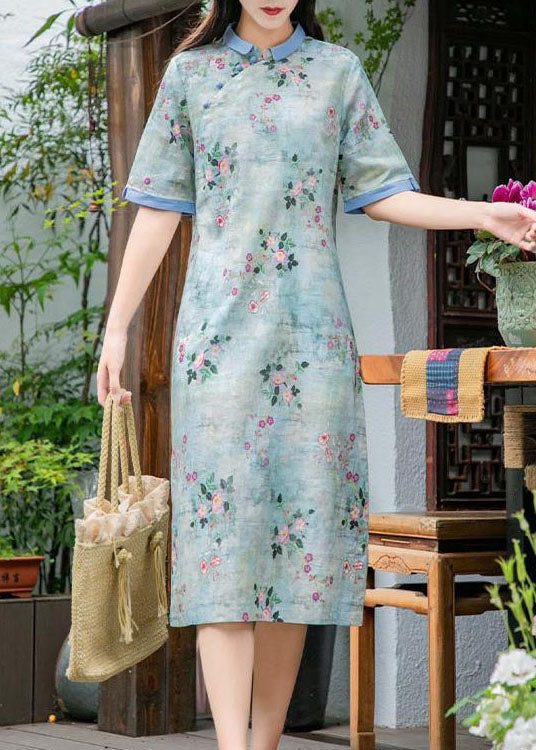 Fitted Light Green Peter Pan Collar Print Patchwork Linen Dress Summer LY2547 - fabuloryshop