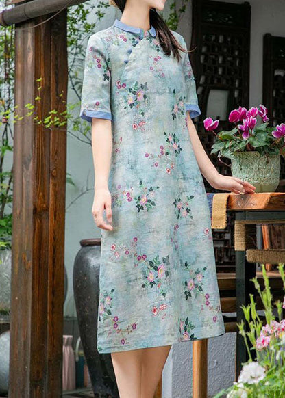 Fitted Light Green Peter Pan Collar Print Patchwork Linen Dress Summer LY2547 - fabuloryshop