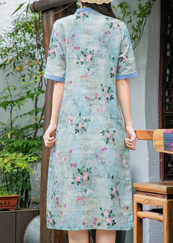 Fitted Light Green Peter Pan Collar Print Patchwork Linen Dress Summer LY2547 - fabuloryshop