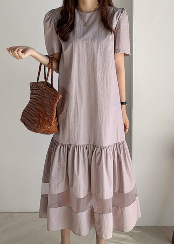 Fitted Light Purple O-Neck Patchwork Wrinkled Cotton Long Dresses Summer LY2601 - fabuloryshop