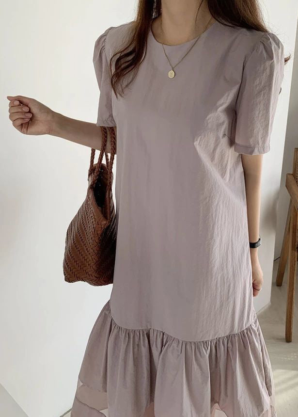 Fitted Light Purple O-Neck Patchwork Wrinkled Cotton Long Dresses Summer LY2601 - fabuloryshop