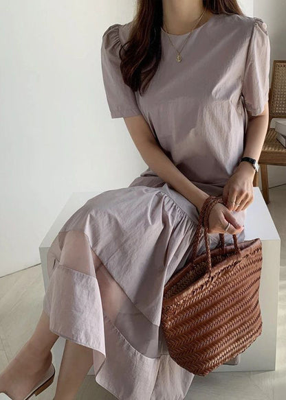 Fitted Light Purple O-Neck Patchwork Wrinkled Cotton Long Dresses Summer LY2601 - fabuloryshop