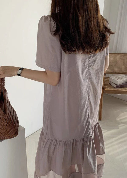 Fitted Light Purple O-Neck Patchwork Wrinkled Cotton Long Dresses Summer LY2601 - fabuloryshop