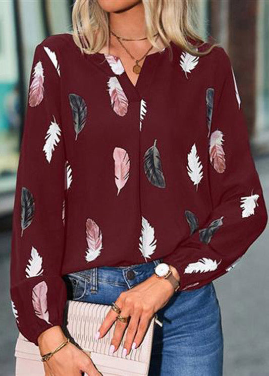 Fitted Mulberry V Neck Print Shirt Long Sleeve LY3869 - fabuloryshop