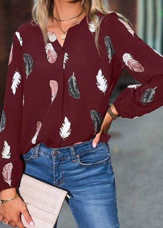 Fitted Mulberry V Neck Print Shirt Long Sleeve LY3869 - fabuloryshop