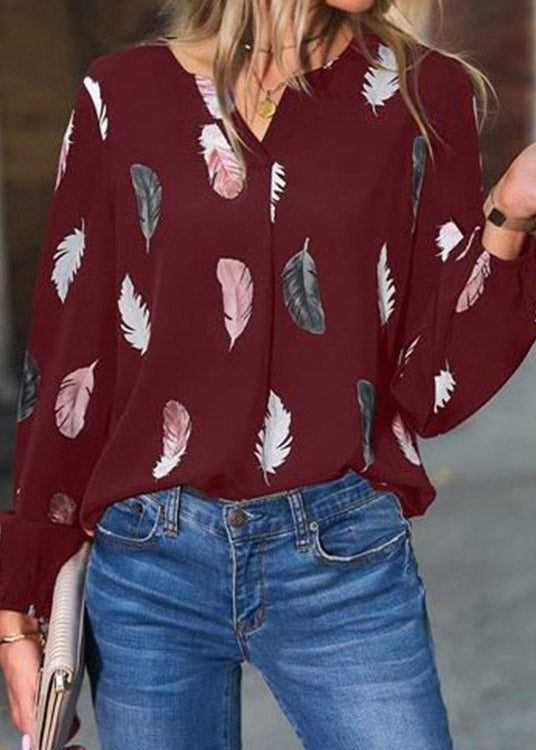 Fitted Mulberry V Neck Print Shirt Long Sleeve LY3869 - fabuloryshop