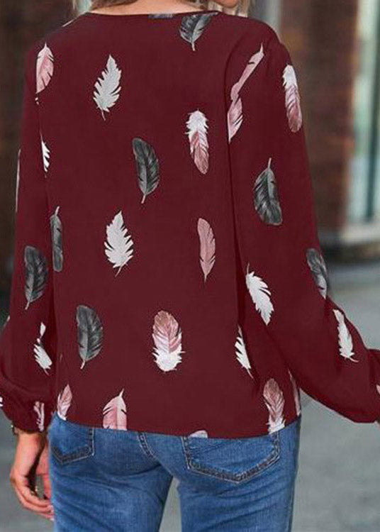 Fitted Mulberry V Neck Print Shirt Long Sleeve LY3869 - fabuloryshop