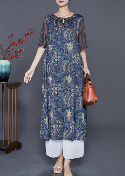 Fitted Navy O-Neck Patchwork Print Silk Dresses Cloak Sleeves LY7667