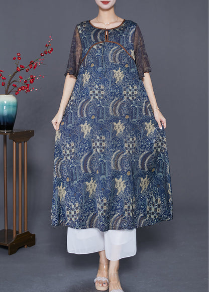 Fitted Navy O-Neck Patchwork Print Silk Dresses Cloak Sleeves LY7667