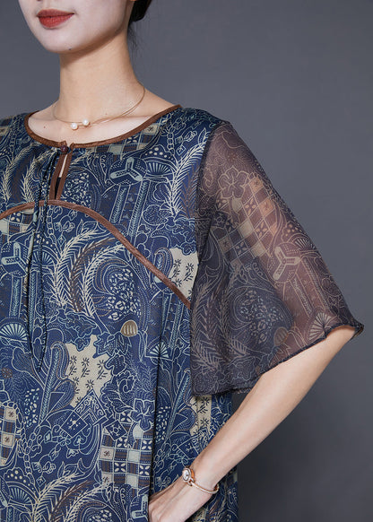 Fitted Navy O-Neck Patchwork Print Silk Dresses Cloak Sleeves LY7667