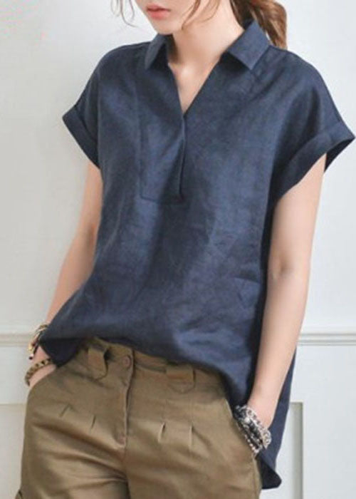 Fitted Navy V Neck Low High Design Linen Shirt Top Short Sleeve LY1307 - fabuloryshop