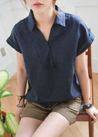 Fitted Navy V Neck Low High Design Linen Shirt Top Short Sleeve LY1307 - fabuloryshop