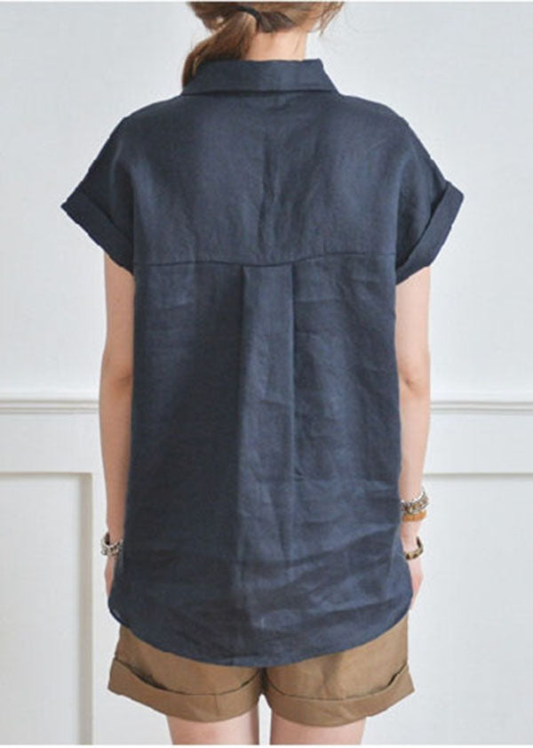 Fitted Navy V Neck Low High Design Linen Shirt Top Short Sleeve LY1307 - fabuloryshop
