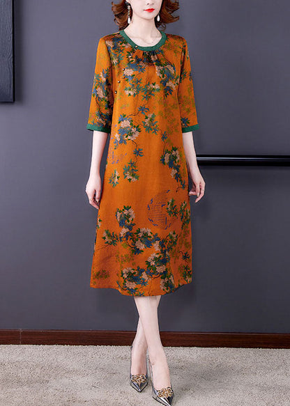 Fitted Orange O Neck Print Patchwork Silk Dresses Summer LY5959 Ada Fashion