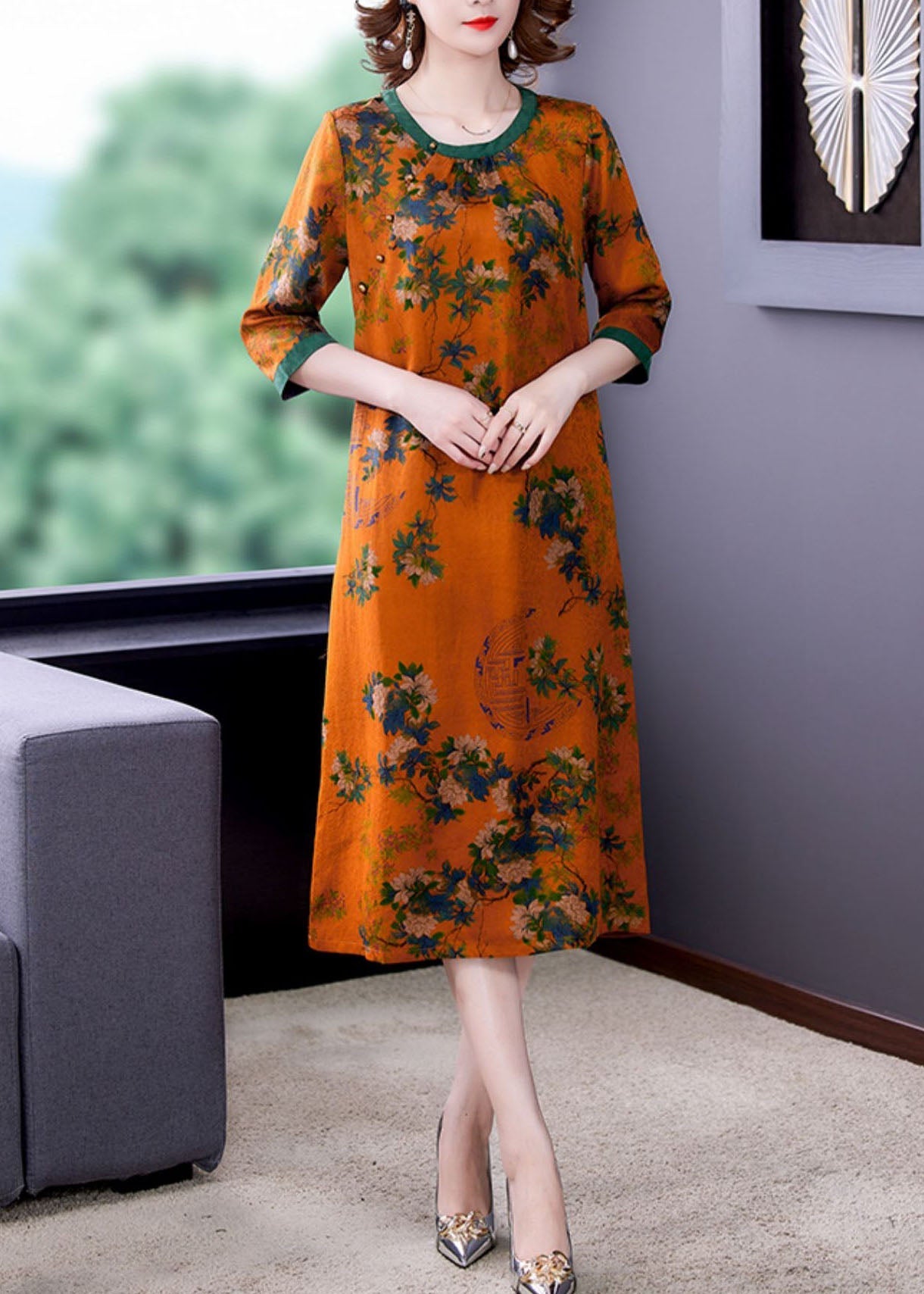 Fitted Orange O Neck Print Patchwork Silk Dresses Summer LY5959 Ada Fashion