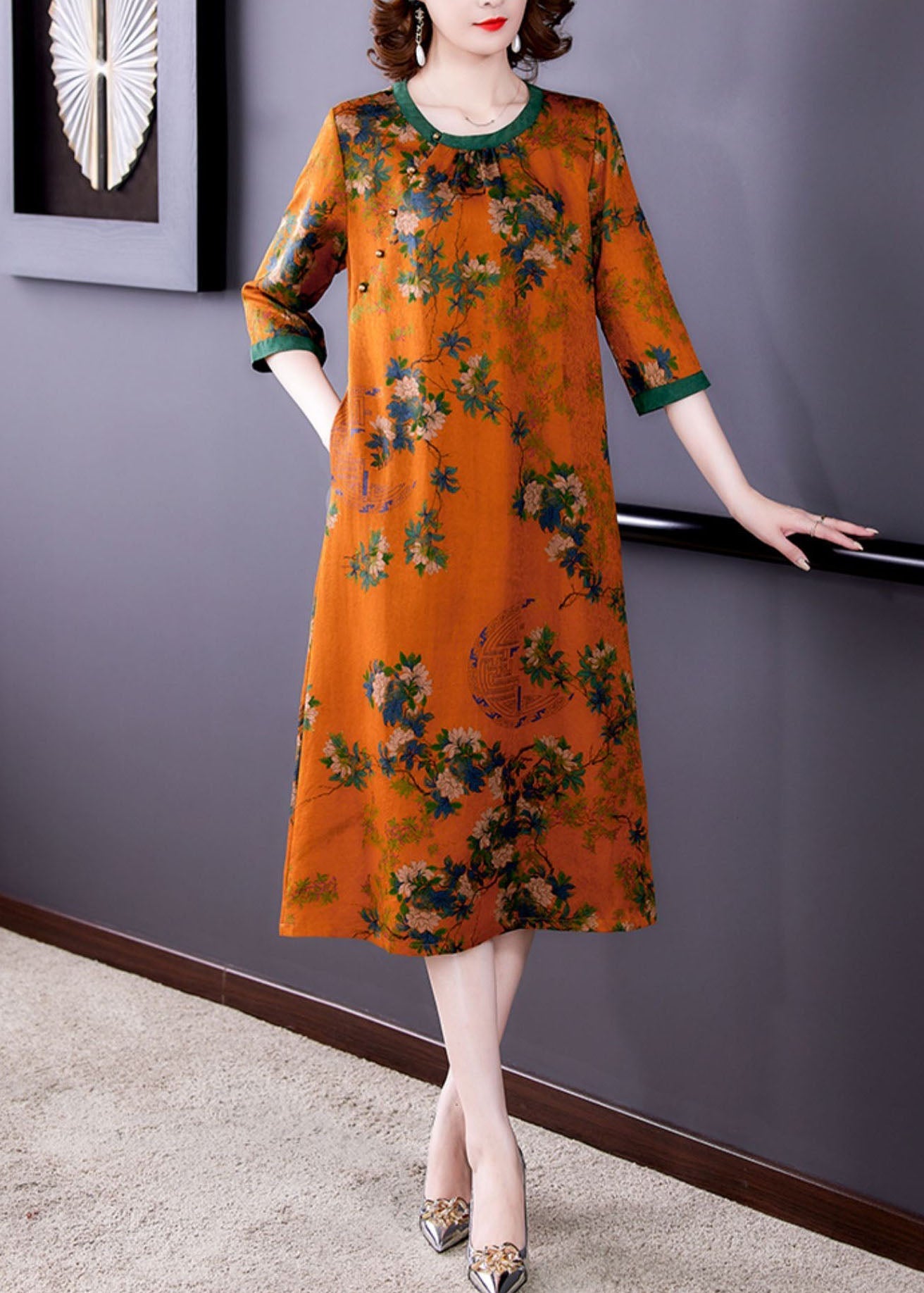 Fitted Orange O Neck Print Patchwork Silk Dresses Summer LY5959 Ada Fashion