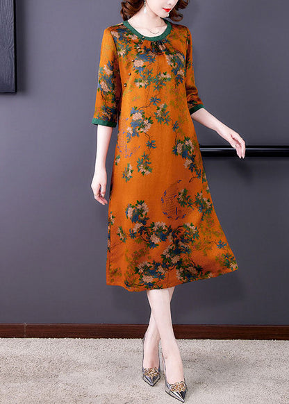 Fitted Orange O Neck Print Patchwork Silk Dresses Summer LY5959 Ada Fashion