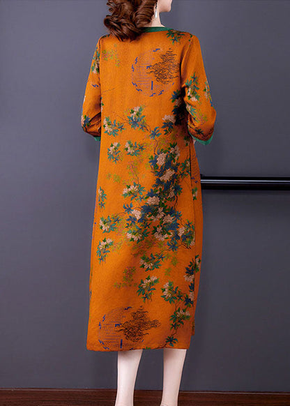 Fitted Orange O Neck Print Patchwork Silk Dresses Summer LY5959 Ada Fashion