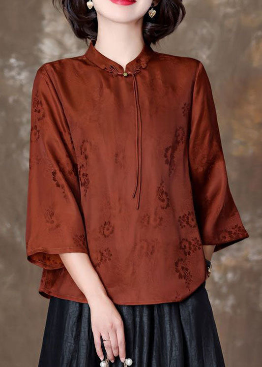 Fitted Orange Tasseled Jacquard Patchwork Silk Shirt Top Spring LY4619 - fabuloryshop