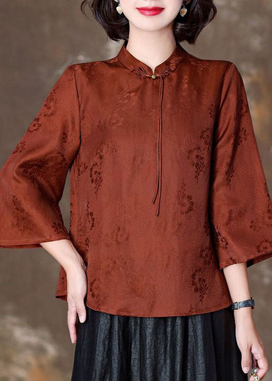 Fitted Orange Tasseled Jacquard Patchwork Silk Shirt Top Spring LY4619 - fabuloryshop