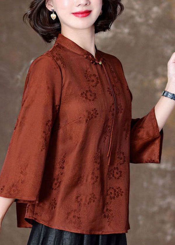 Fitted Orange Tasseled Jacquard Patchwork Silk Shirt Top Spring LY4619 - fabuloryshop