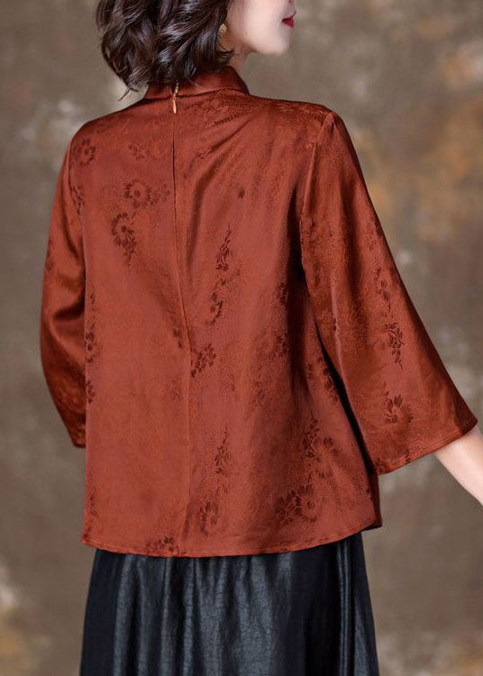 Fitted Orange Tasseled Jacquard Patchwork Silk Shirt Top Spring LY4619 - fabuloryshop