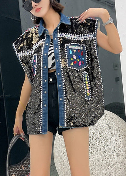 Fitted Peter Pan Collar Patchwork Sequins Zircon Button Denim Waistcoat Sleeveless LY6020 - fabuloryshop