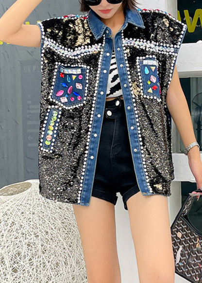 Fitted Peter Pan Collar Patchwork Sequins Zircon Button Denim Waistcoat Sleeveless LY6020 - fabuloryshop