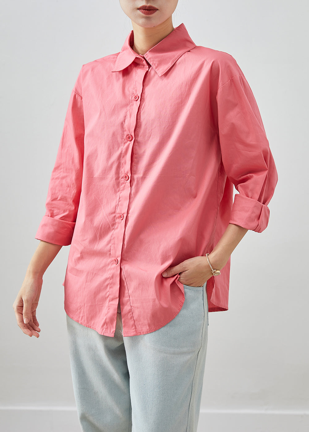 Fitted Pink Peter Pan Collar Cotton Shirt Top Fall Ada Fashion