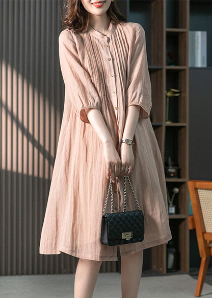 Fitted Pink Stand Collar Button Linen Maxi Dresses Spring LY1745 - fabuloryshop