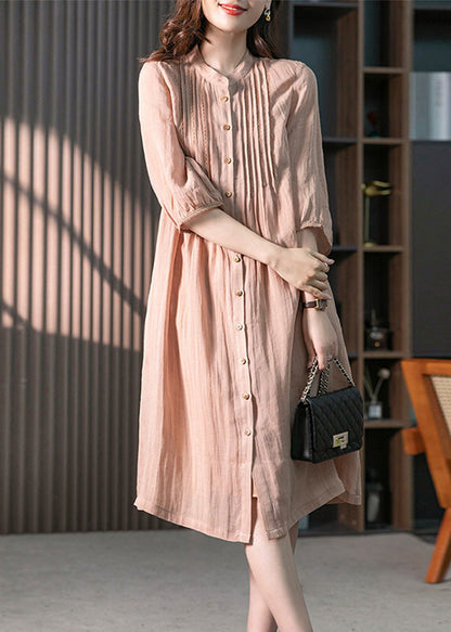 Fitted Pink Stand Collar Button Linen Maxi Dresses Spring LY1745 - fabuloryshop