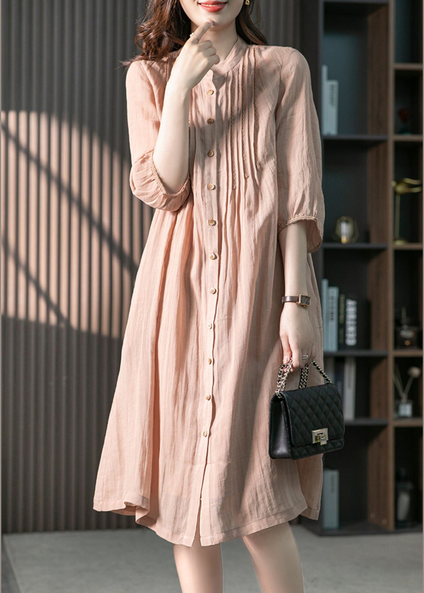 Fitted Pink Stand Collar Button Linen Maxi Dresses Spring LY1745 - fabuloryshop