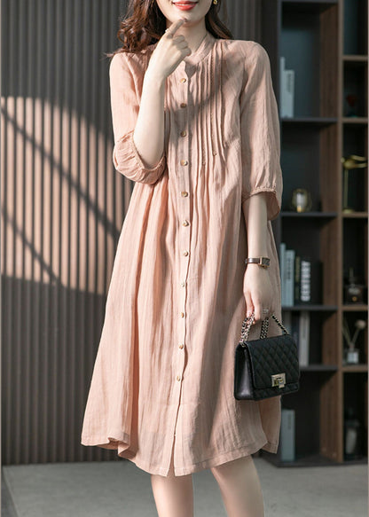 Fitted Pink Stand Collar Button Linen Maxi Dresses Spring LY1745 - fabuloryshop