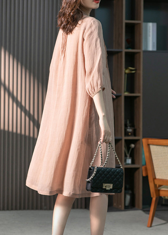 Fitted Pink Stand Collar Button Linen Maxi Dresses Spring LY1745 - fabuloryshop