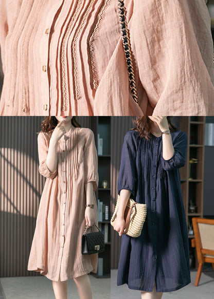 Fitted Pink Stand Collar Button Linen Maxi Dresses Spring LY1745 - fabuloryshop