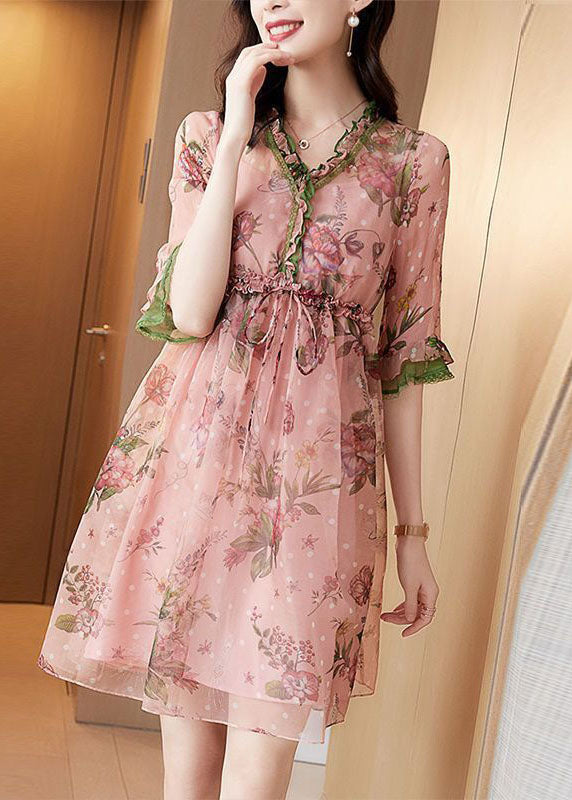 Fitted Pink V Neck Ruffled Print Chiffon Maxi Dress Half Sleeve LC0090 - fabuloryshop