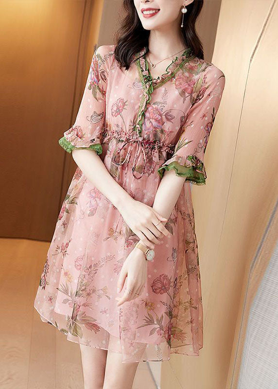 Fitted Pink V Neck Ruffled Print Chiffon Maxi Dress Half Sleeve LC0090 - fabuloryshop