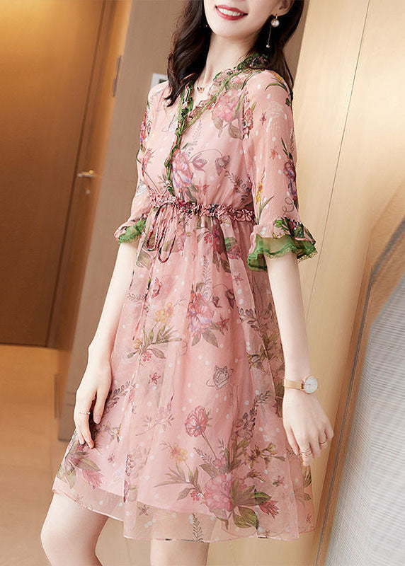 Fitted Pink V Neck Ruffled Print Chiffon Maxi Dress Half Sleeve LC0090 - fabuloryshop