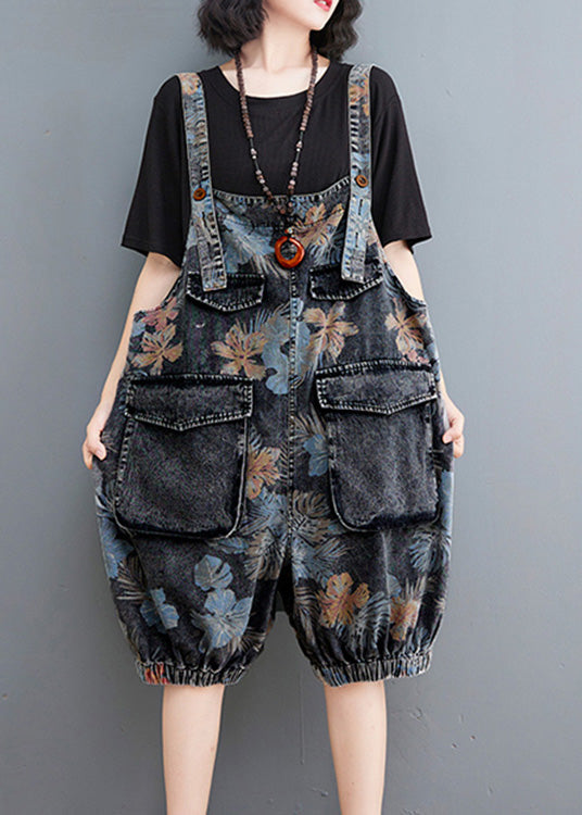 Fitted Print Patchwork Button Denim Lantern Jumpsuits Summer LY1277